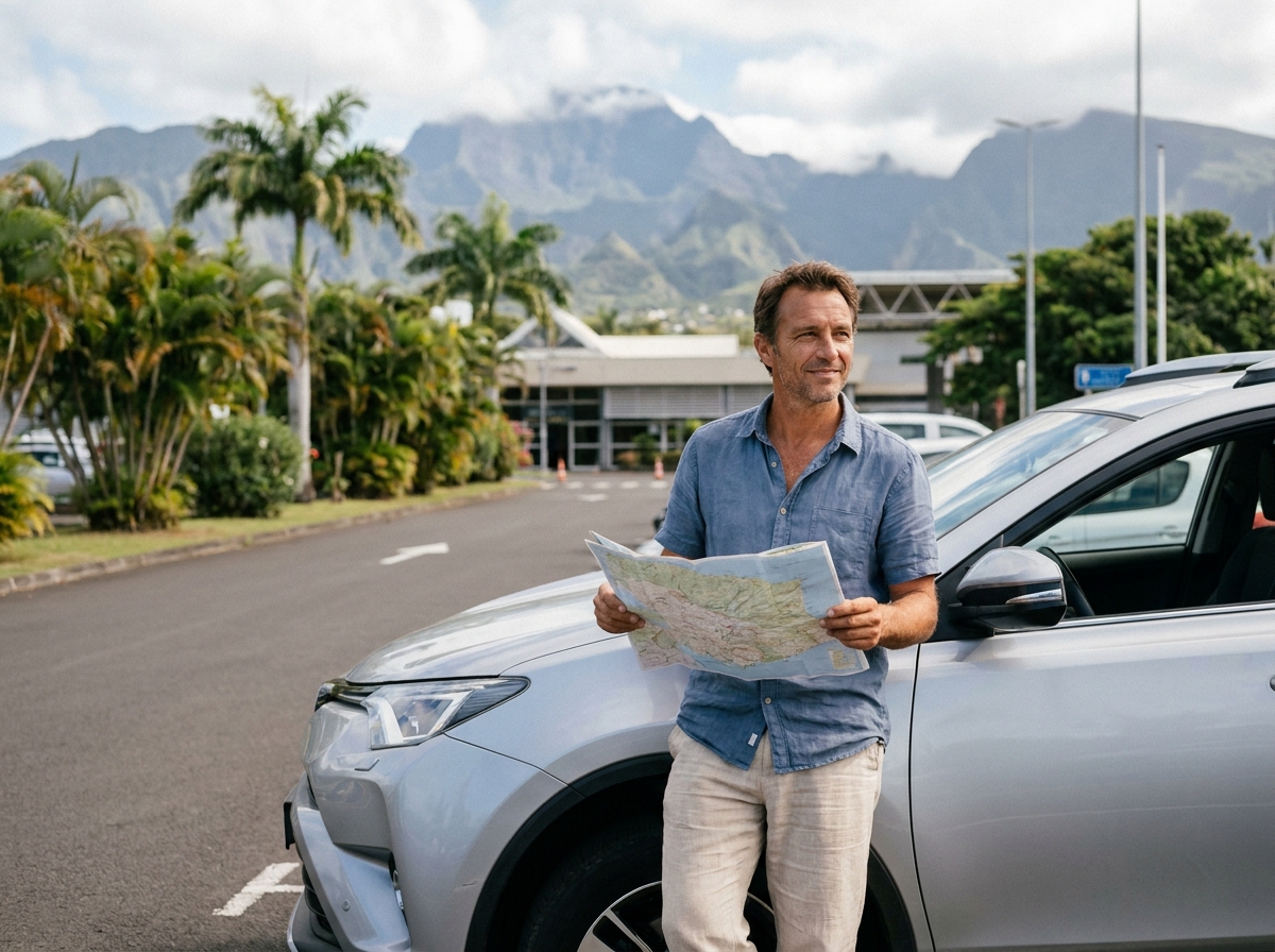 Touriste consultant une carte routière devant sa voiture de location à l'aéroport de La Réunion avec le Piton des Neiges en arrière-plan