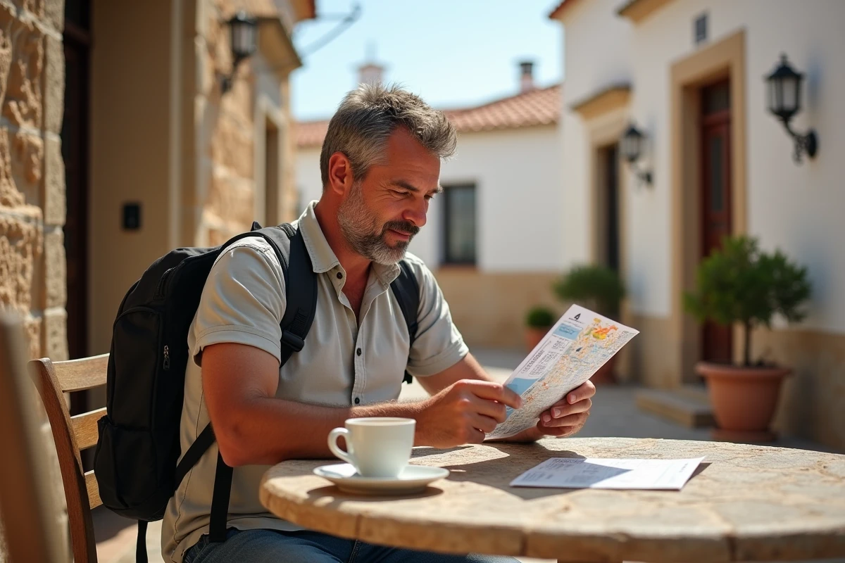 Touriste consultant un pass volcan Italie dans un café de village sicilien traditionnel