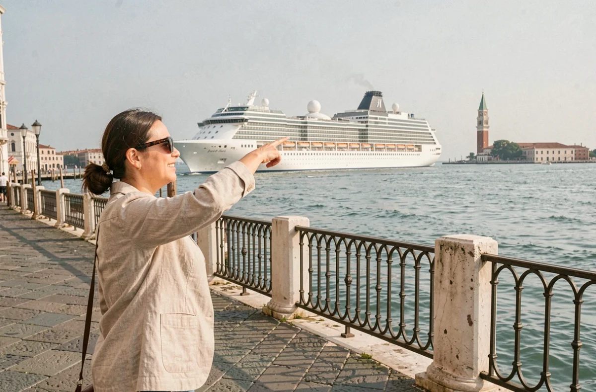 Touriste sur le front de mer Riva dei Sette Martiri à Venise indiquant un paquebot de croisière ancré dans le bassin de San Marco
