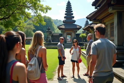 Groupe de touristes à Bali écoutant un guide au temple