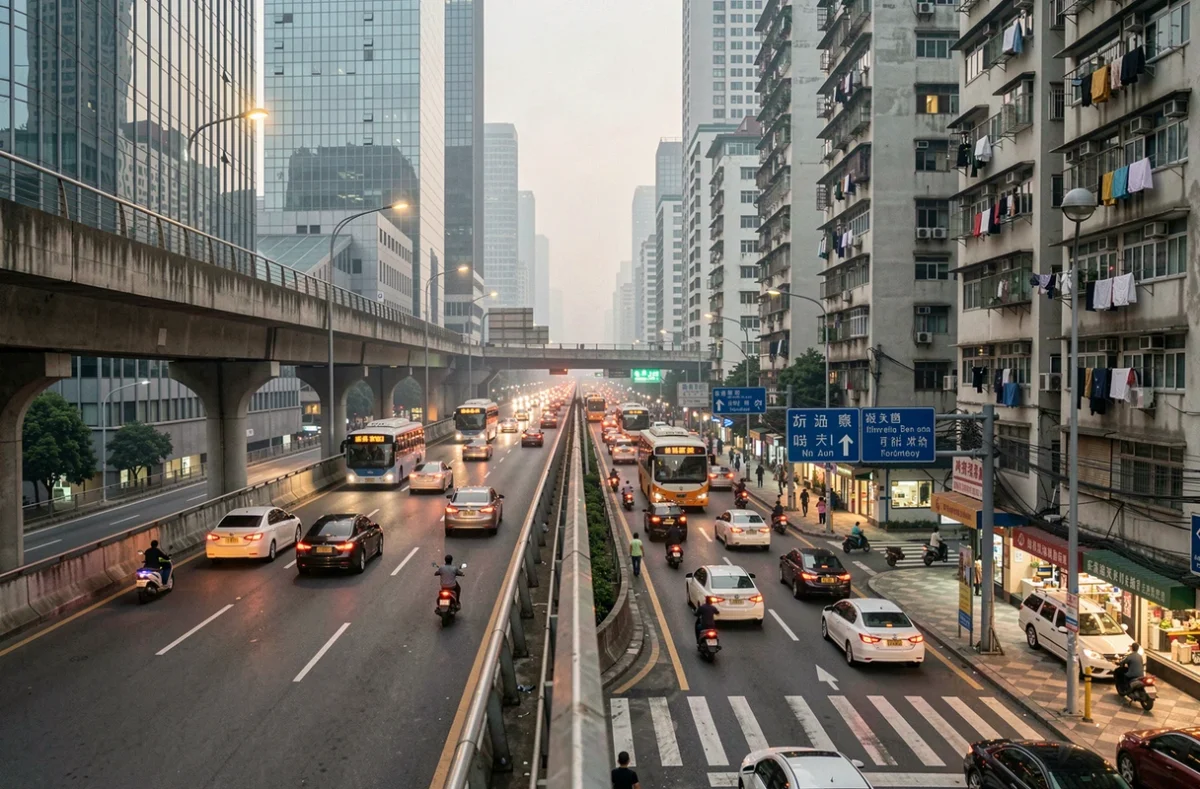 Infrastructure de transport urbain à Guangzhou avec signalisation bilingue chinois-anglais sur un carrefour animé en fin de journée