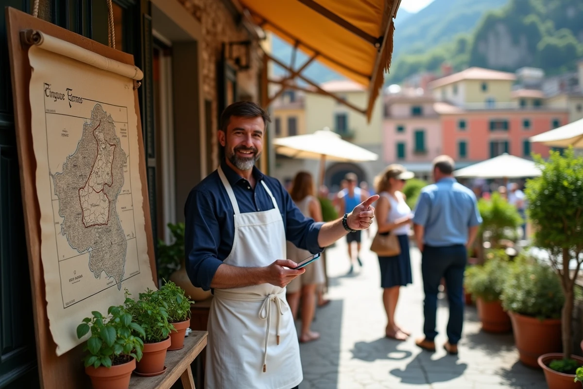 Serveur d'une trattoria de Vernazza présentant une carte artisanale des Cinq Terres aux touristes dans une ruelle pavée