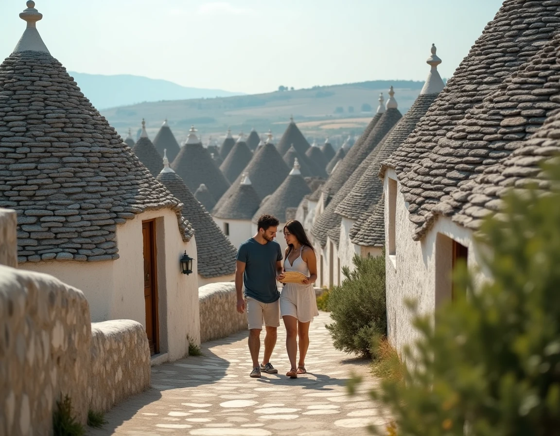 Les célèbres maisons trulli d'Alberobello dans les Pouilles avec un couple consultant une carte