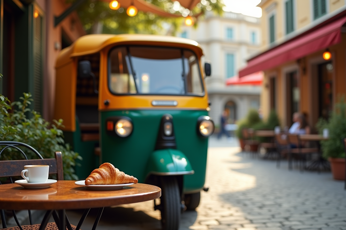 Tuktuk stationné devant un café avec croissant et café