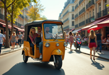 Signification tuk-tuk : Pourquoi utilise-t-on ce terme en français ? Tuktuk coloré dans une rue parisienne ensoleillée