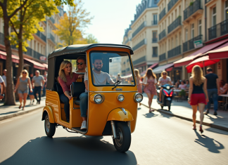 Tuktuk coloré dans une rue parisienne ensoleillée