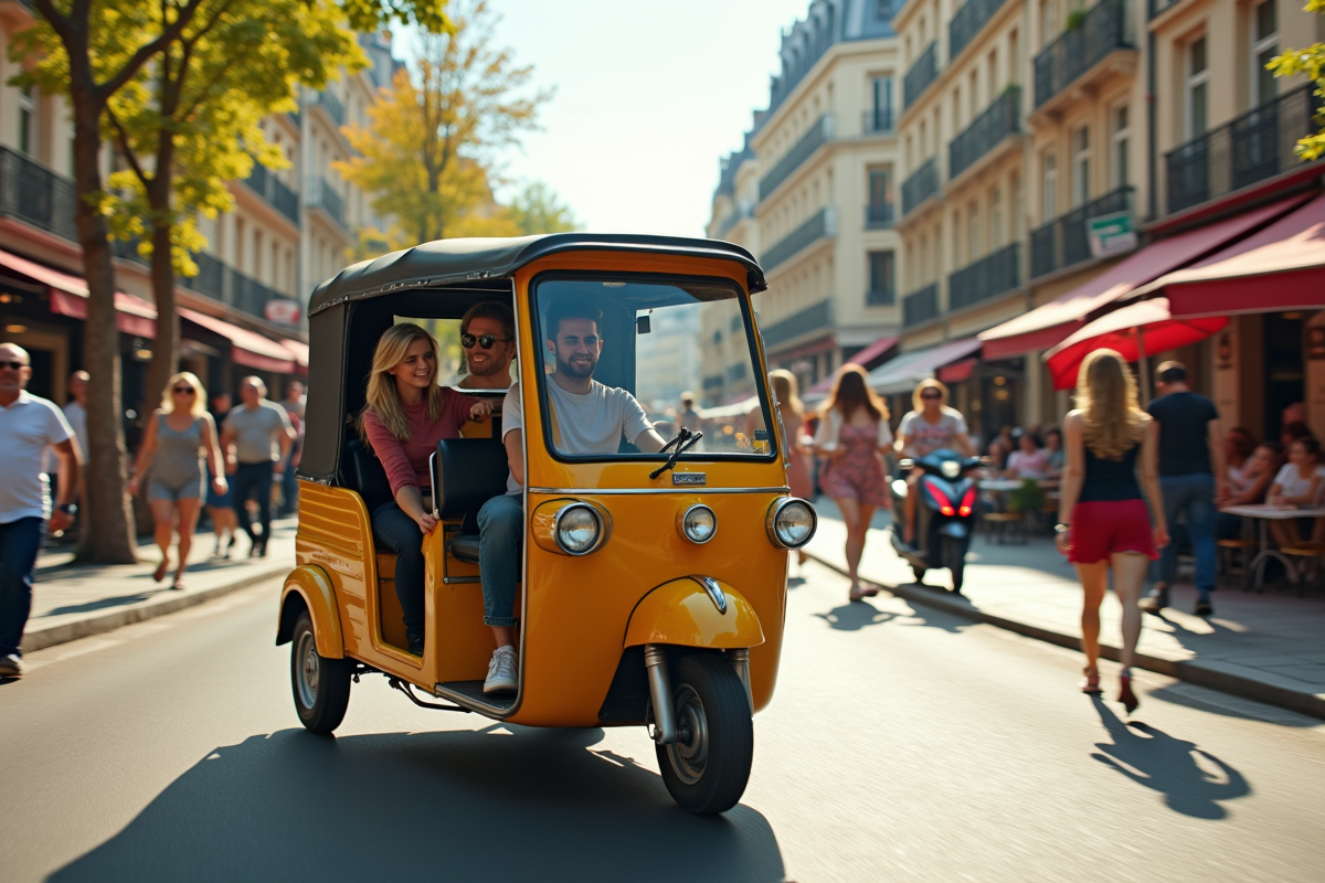 Tuktuk coloré dans une rue parisienne ensoleillée