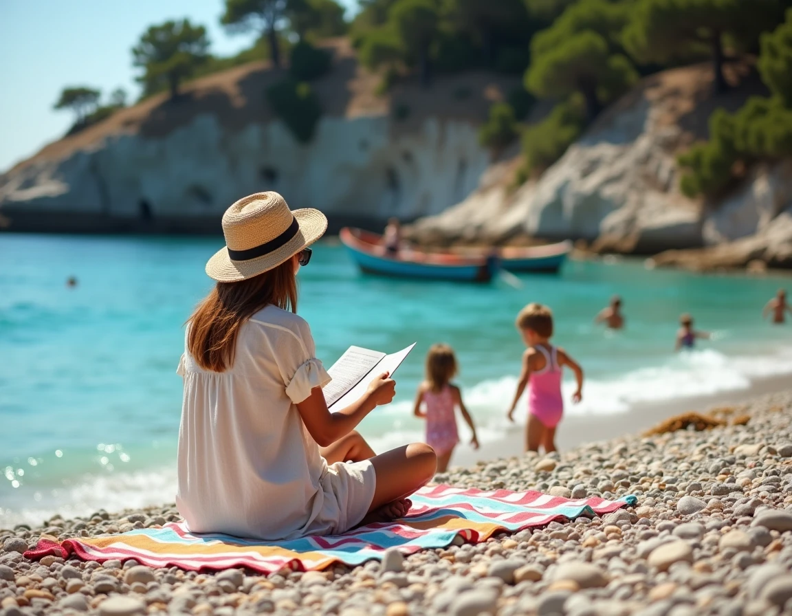 Mère en vacances économiques en famille sur une plage méditerranéenne en août