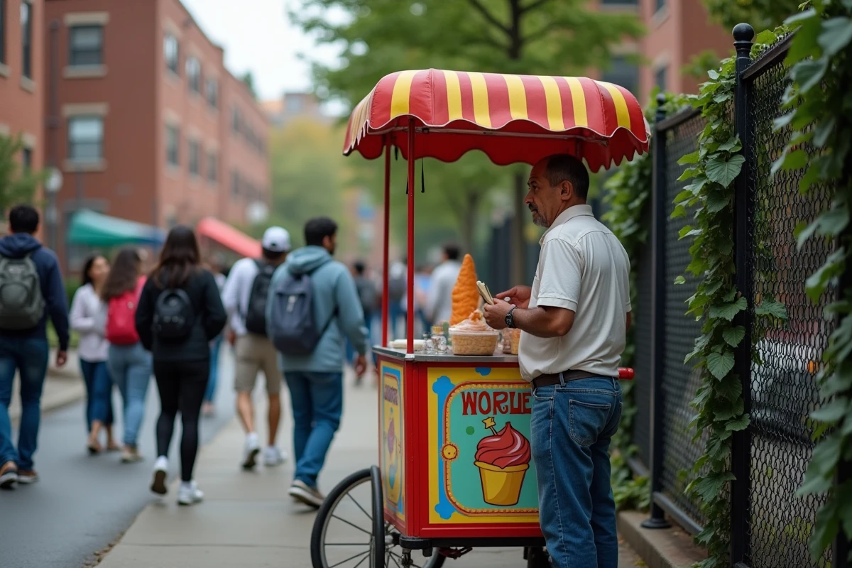 Vendeur de glaces ambulant devant Corona Park à Queens, scène de rue authentique du New York populaire