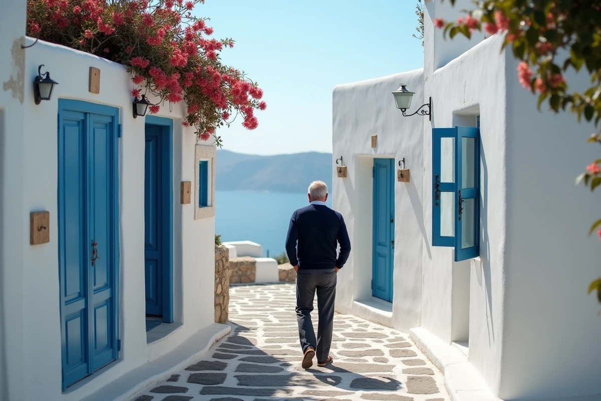Ruelle pittoresque du village côtier d'Akrotiri à Santorin en dehors de la saison touristique avec un homme se promenant seul