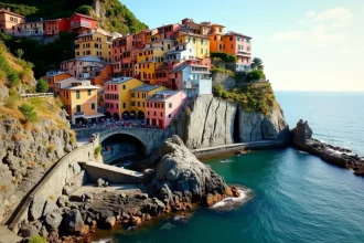 Vue panoramique du village de Manarola aux Cinq Terres avec ses maisons colorées accrochées à la falaise dominant la mer Ligurienne