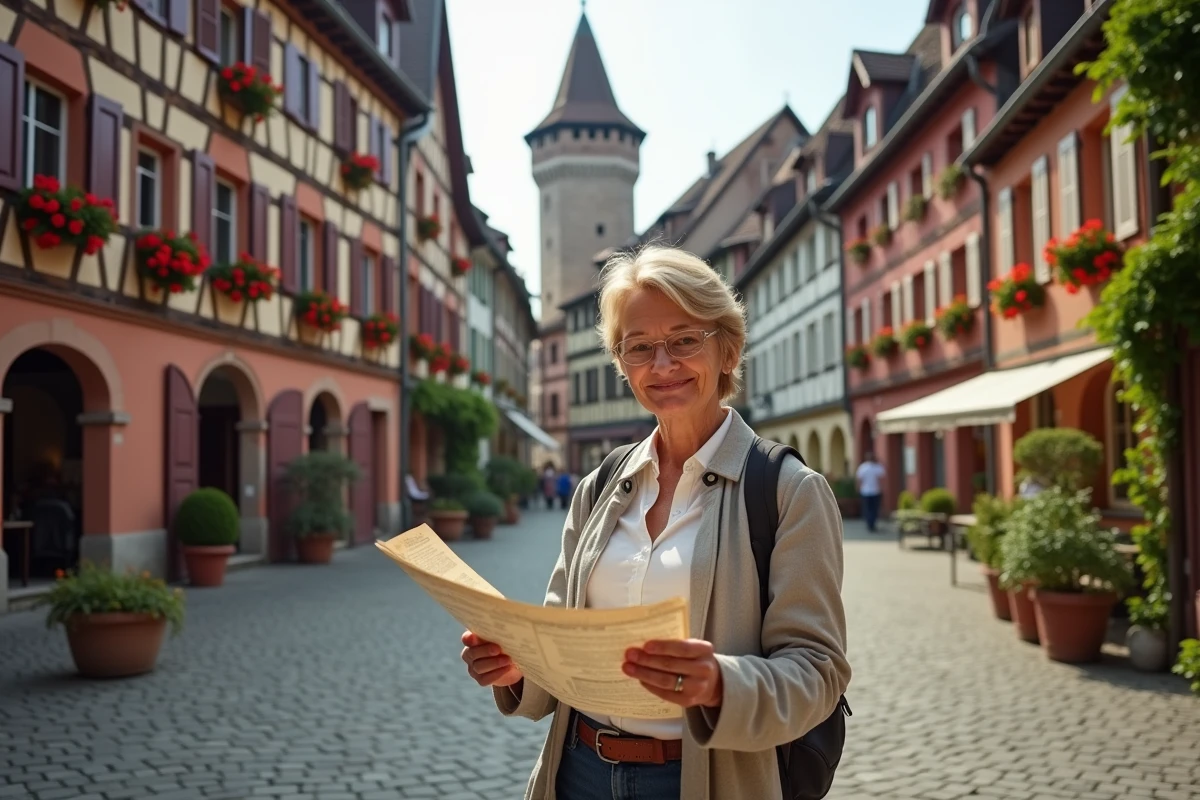 Place du marché d'Obernai avec ses maisons à colombages colorées et une voyageuse consultant sa carte en Alsace Bas-Rhin