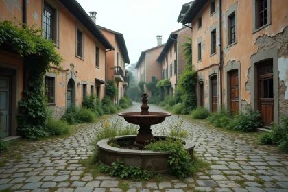 Place centrale d'une ville abandonnée en Europe avec bâtiments en ruine, pavés envahis par la végétation et fontaine rouillée recouverte de mousse
