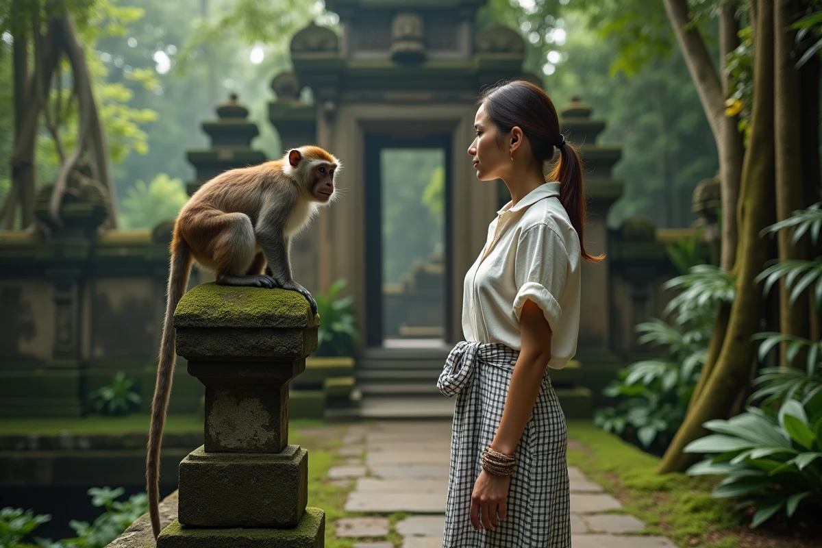 Femme en sarong balinais observant un singe macaque sur une statue en pierre dans la Sacred Monkey Forest d'Ubud, Bali