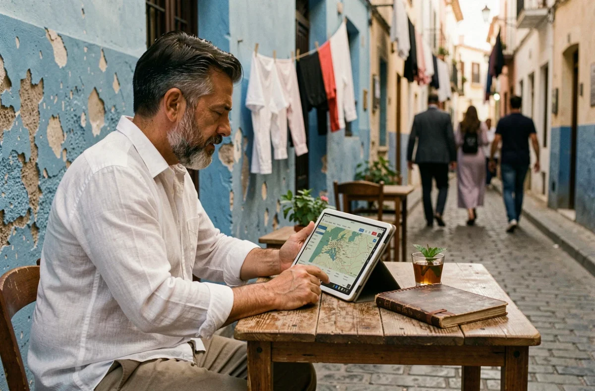 Voyageur consultant une carte interactive du nord du Maroc sur tablette dans un café de Tétouan