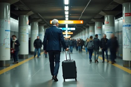 Voyageur traversant un couloir souterrain reliant un terminal d'aéroport au métro de New York avec bagages à roulettes
