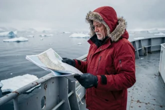 Voyageur en parka rouge consultant une carte nautique sur le pont d'un navire en croisière Arctique