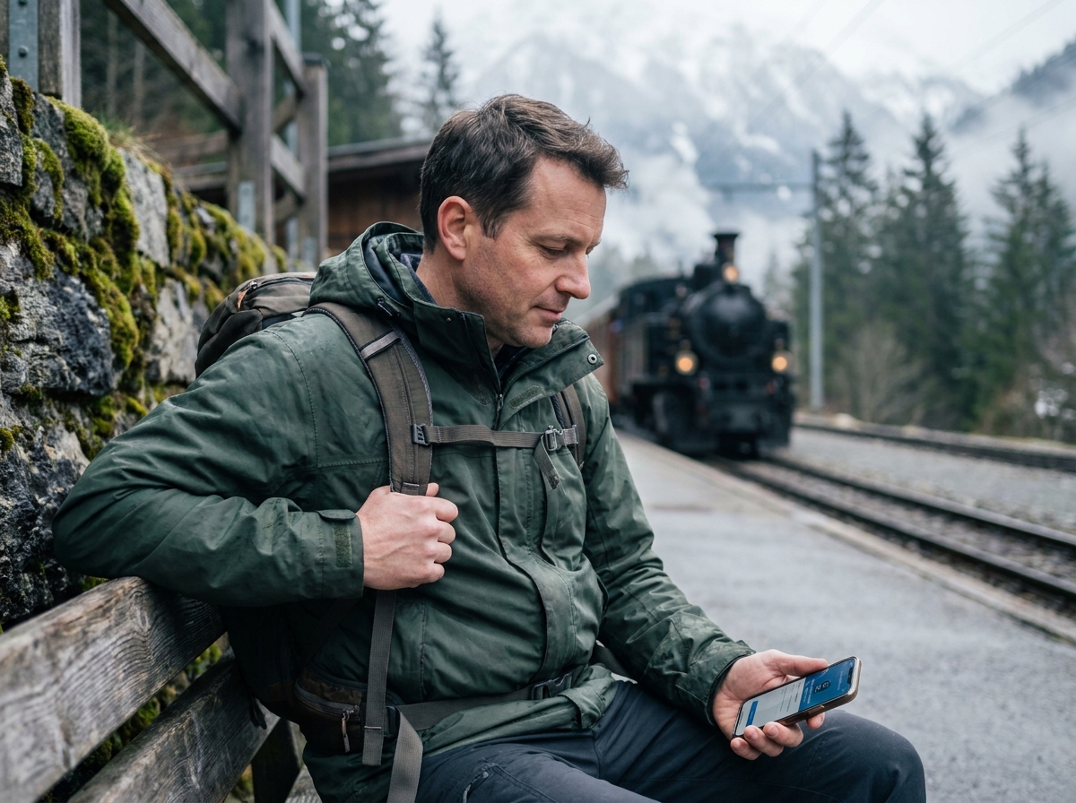 Voyageur solitaire consultant son assurance voyage sur smartphone dans une gare de montagne isolée