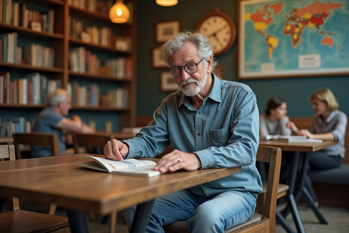 Voyageur seul dans un lounge de hostel contemplant un guide