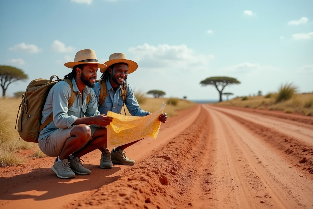Deux voyageurs consultant une carte routière du Sénégal en pleine savane africaine près d'un baobab
