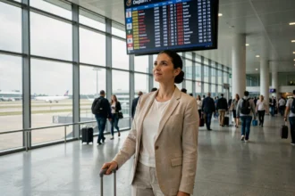 Voyageuse dans un terminal d'aéroport international consultant le tableau des départs pour un vol Lyon République Dominicaine