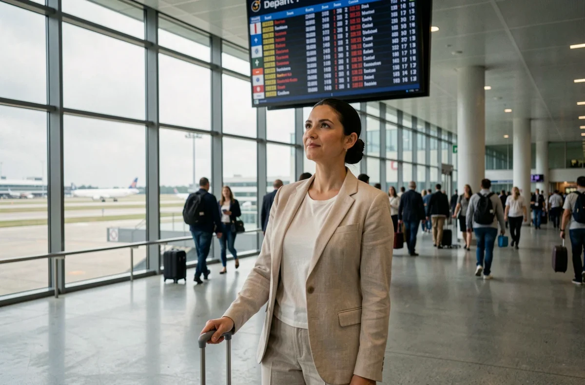 Voyageuse dans un terminal d'aéroport international consultant le tableau des départs pour un vol Lyon République Dominicaine