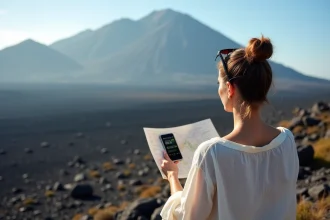 Voyageuse consultant une carte volcan Italie sur smartphone au pied de l'Etna en Sicile