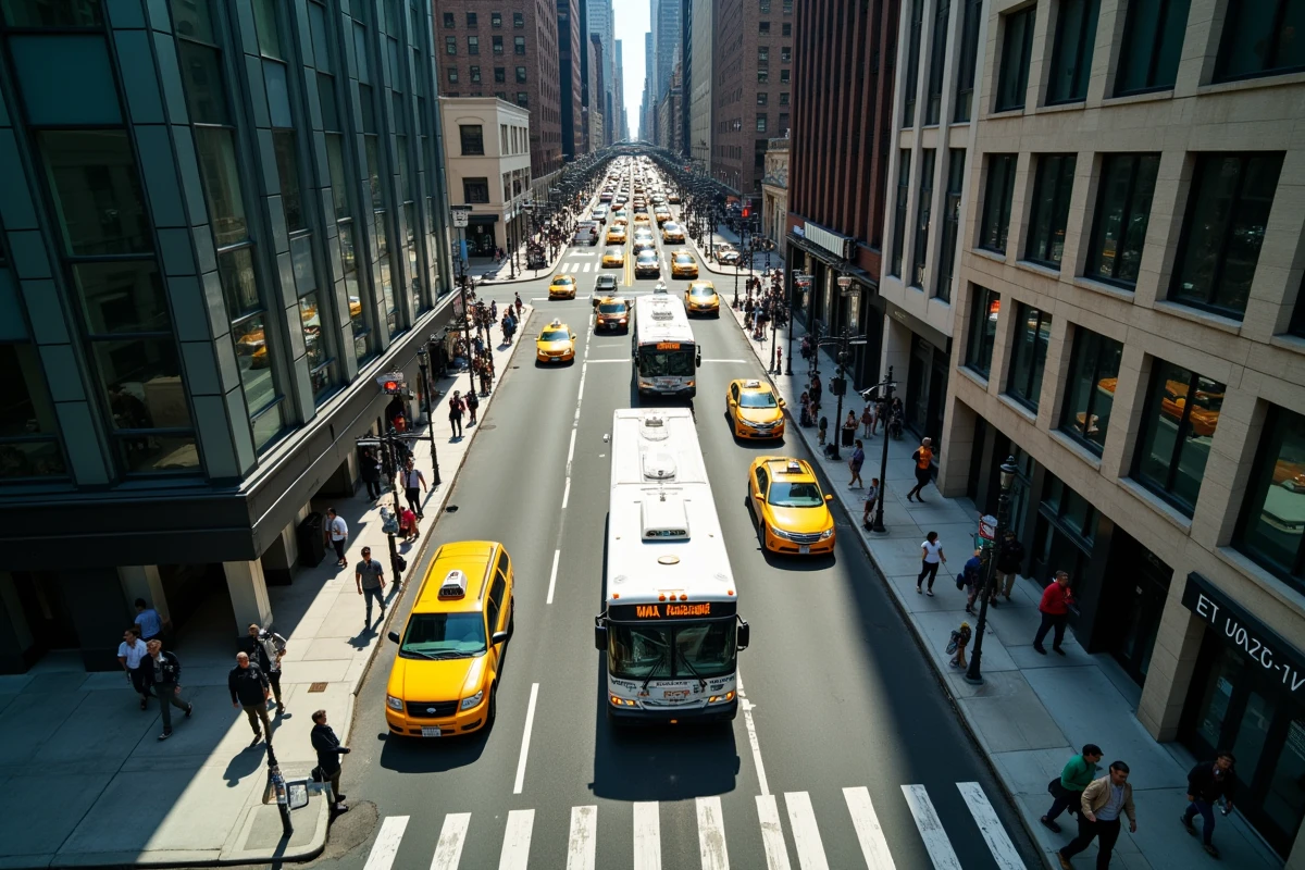 Vue a&eacute;rienne de Midtown Manhattan avec taxis et navette a&eacute;roport m&ecirc;l&eacute;s &agrave; la circulation dense pr&egrave;s de Times Square