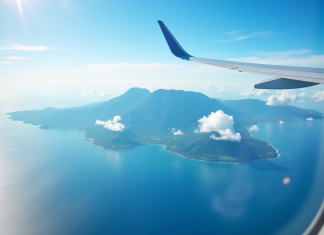 Vue depuis un avion sur l'océan Indien avec montagnes de la reunion
