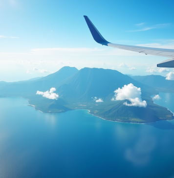 Vue depuis un avion sur l'océan Indien avec montagnes de la reunion